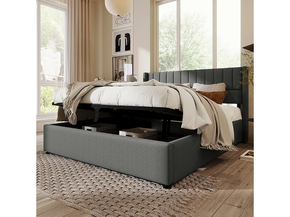 Lit coffre hydraulique double avec matelas 720 ressorts ensachés, lin, cadre en bois et métal, coffre de rangement