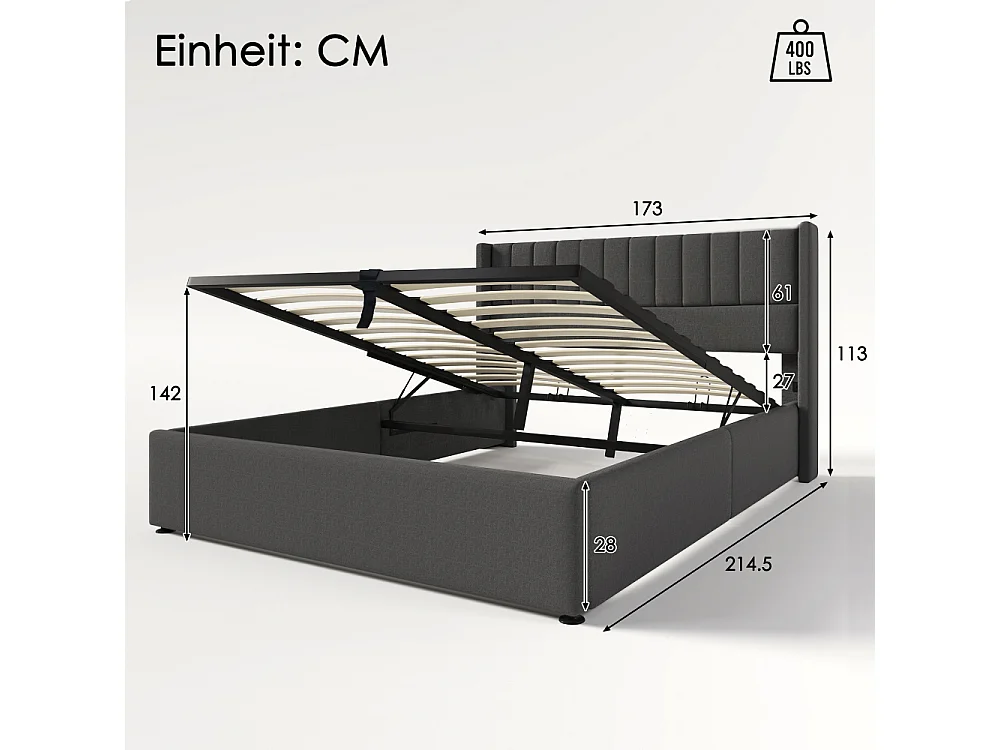 Lit coffre hydraulique double avec matelas 720 ressorts ensachés, lin, cadre en bois et métal, coffre de rangement