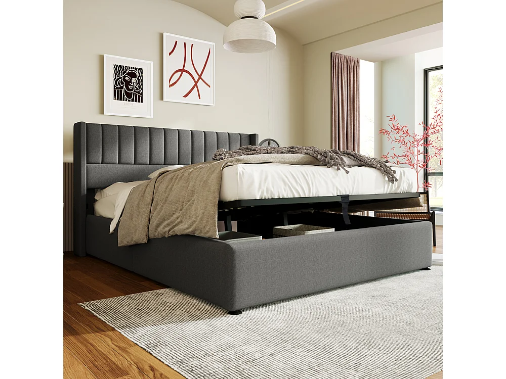Lit coffre hydraulique double avec matelas 720 ressorts ensachés, lin, cadre en bois et métal, coffre de rangement