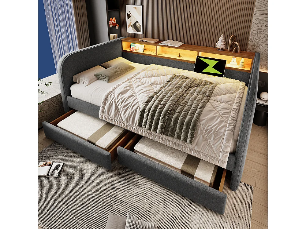 Canapé-lit rembourré 140x190 cm avec LED, USB-C, 2 tiroirs, rangement en lin gris – lit multifonctionnel moderne