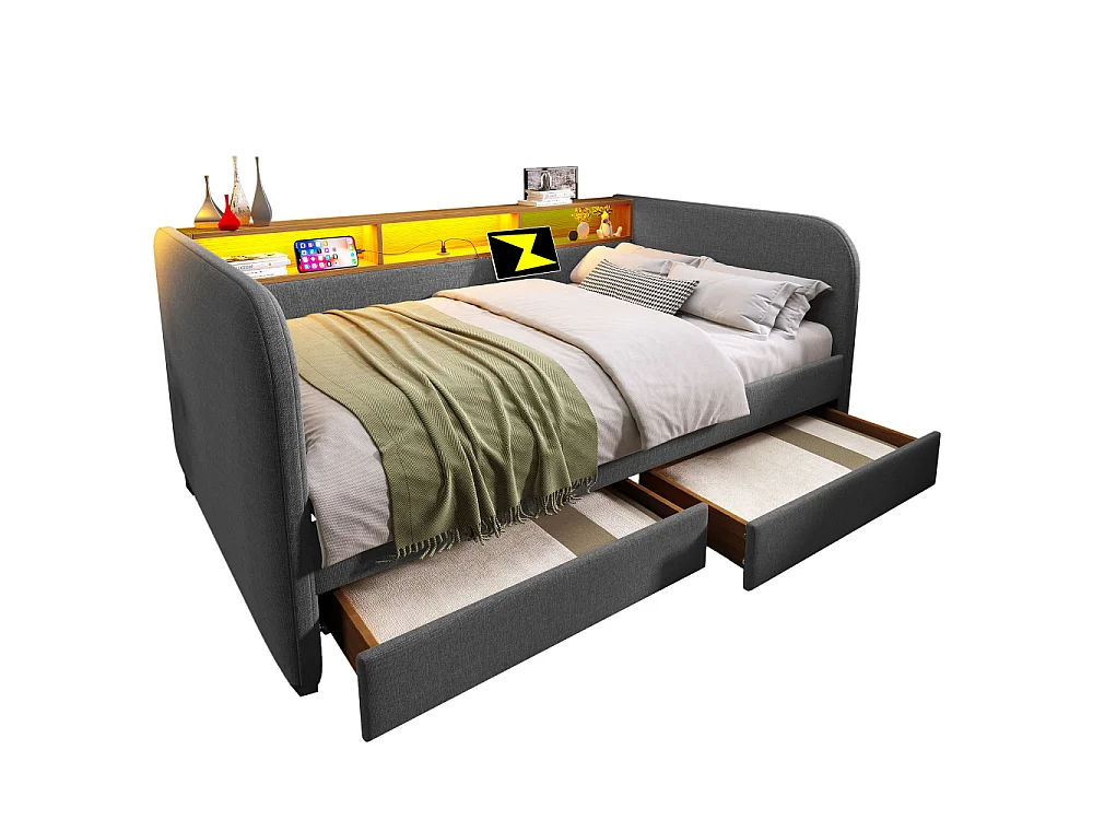 Canapé-lit rembourré 140x190 cm avec LED, USB-C, 2 tiroirs, rangement en lin gris – lit multifonctionnel moderne