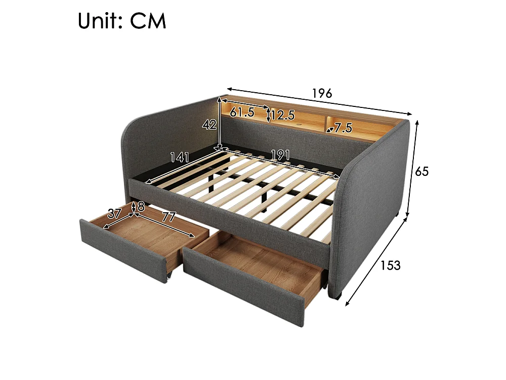 Canapé-lit rembourré 140x190 cm avec LED, USB-C, 2 tiroirs, rangement en lin gris – lit multifonctionnel moderne