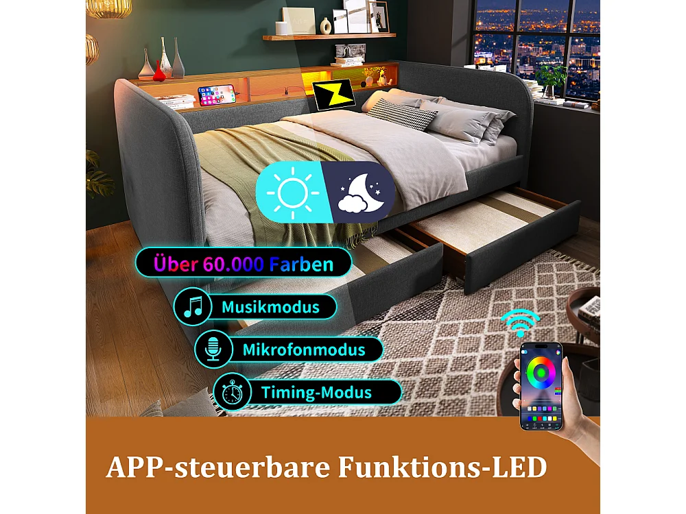 Canapé-lit rembourré 140x190 cm avec LED, USB-C, 2 tiroirs, rangement en lin gris – lit multifonctionnel moderne