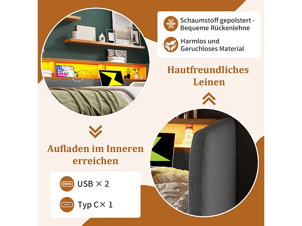 Canapé-lit rembourré 140x190 cm avec LED, USB-C, 2 tiroirs, rangement en lin gris – lit multifonctionnel moderne