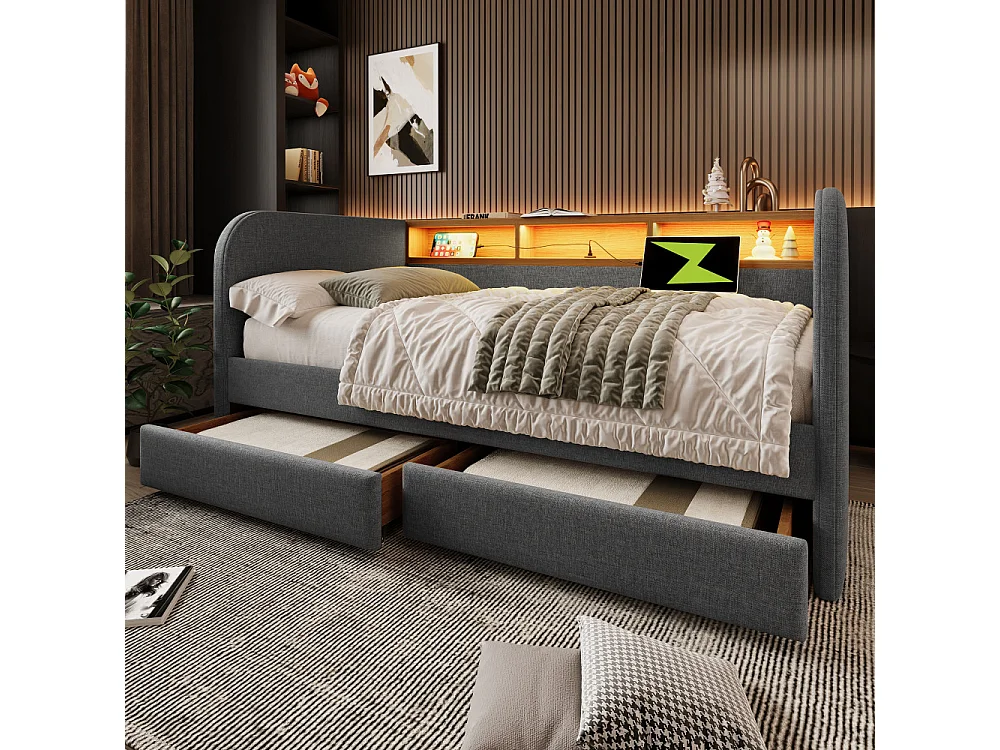 Canapé-lit rembourré 140x190 cm avec LED, USB-C, 2 tiroirs, rangement en lin gris – lit multifonctionnel moderne