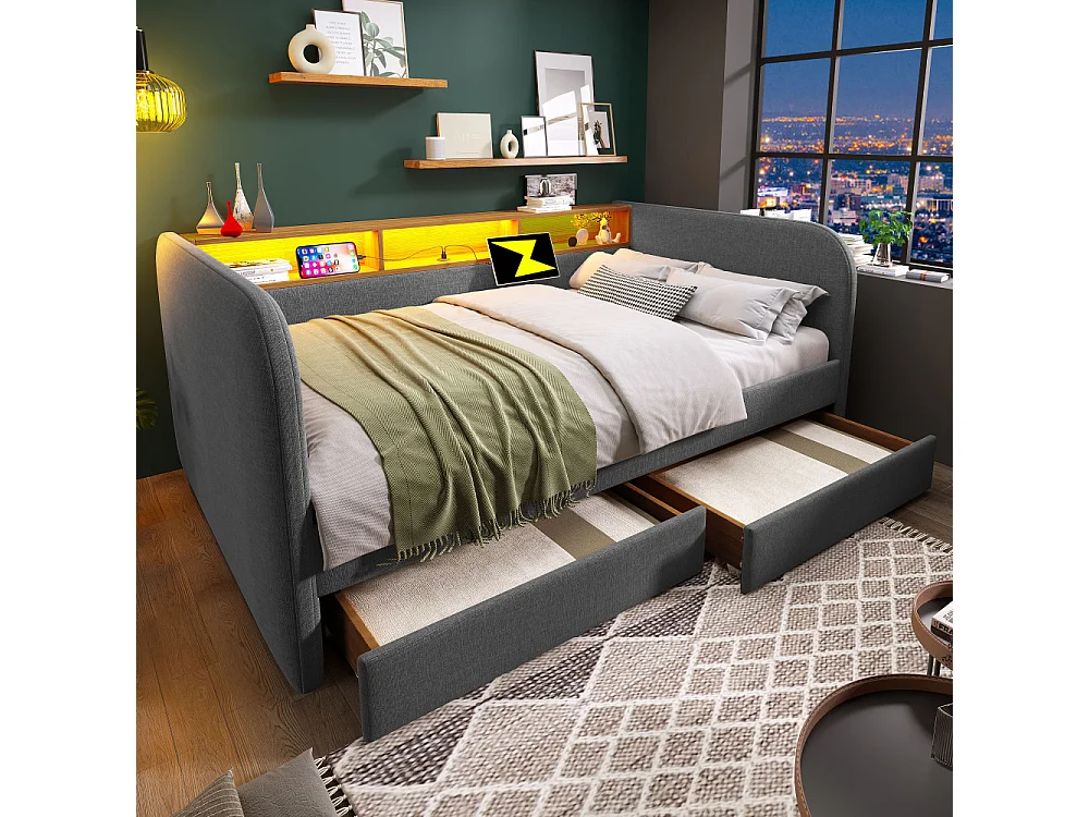 Canapé-lit rembourré 140x190 cm avec LED, USB-C, 2 tiroirs, rangement en lin gris – lit multifonctionnel moderne