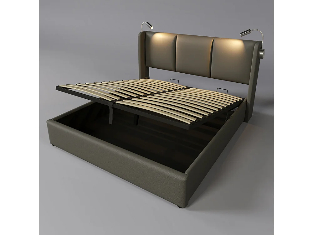Cama doble tapizada con almacenaje, luz de lectura LED y carga USB integrada, en PU, robusta