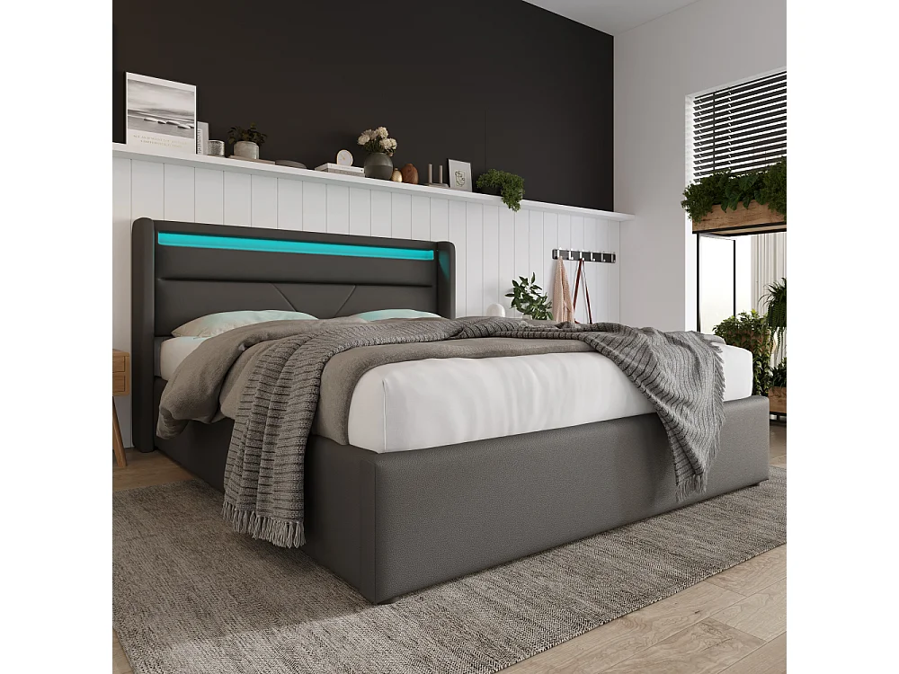 Hydraulisch LED-opbergbed, gevoerd PU-tweepersoonsbed met matras 620 veren, functionele bedopbergruimte 660LBS