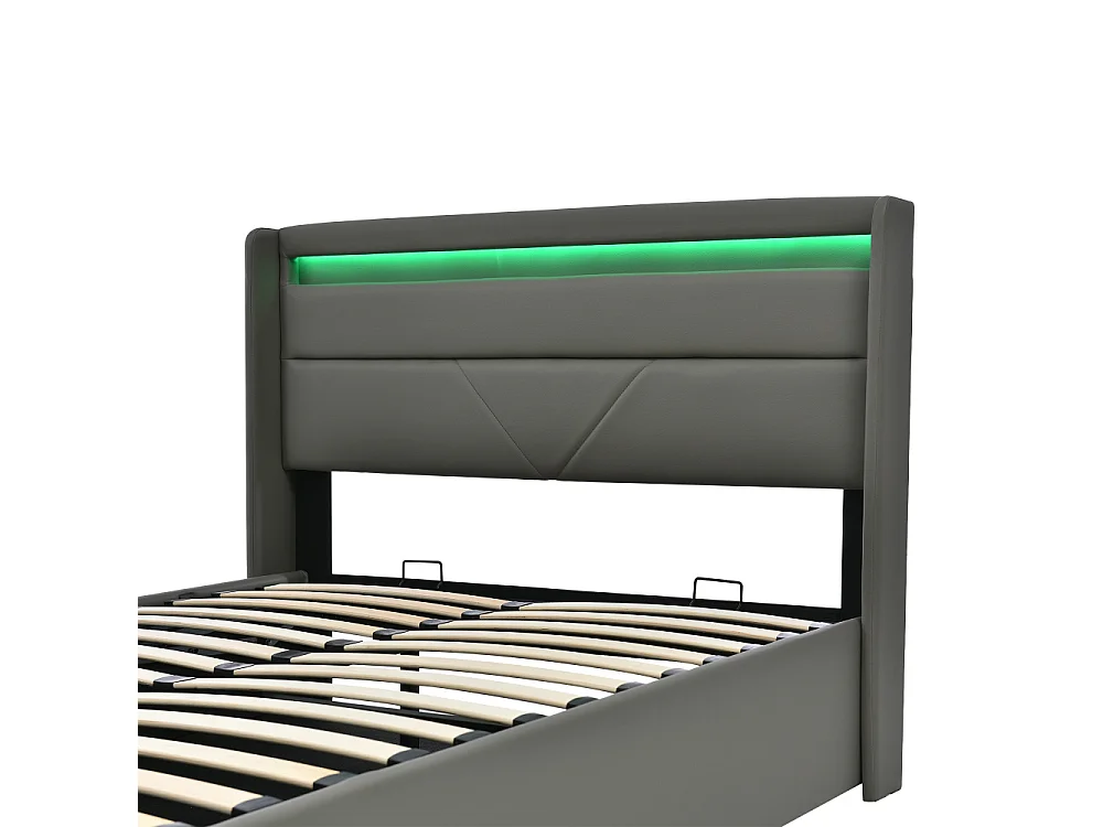 Hydraulisch LED-opbergbed, gevoerd PU-tweepersoonsbed met matras 620 veren, functionele bedopbergruimte 660LBS