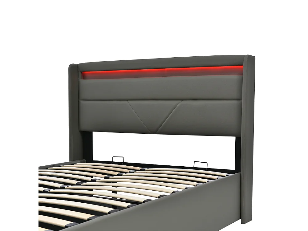 Hydraulisch LED-opbergbed, gevoerd PU-tweepersoonsbed met matras 620 veren, functionele bedopbergruimte 660LBS