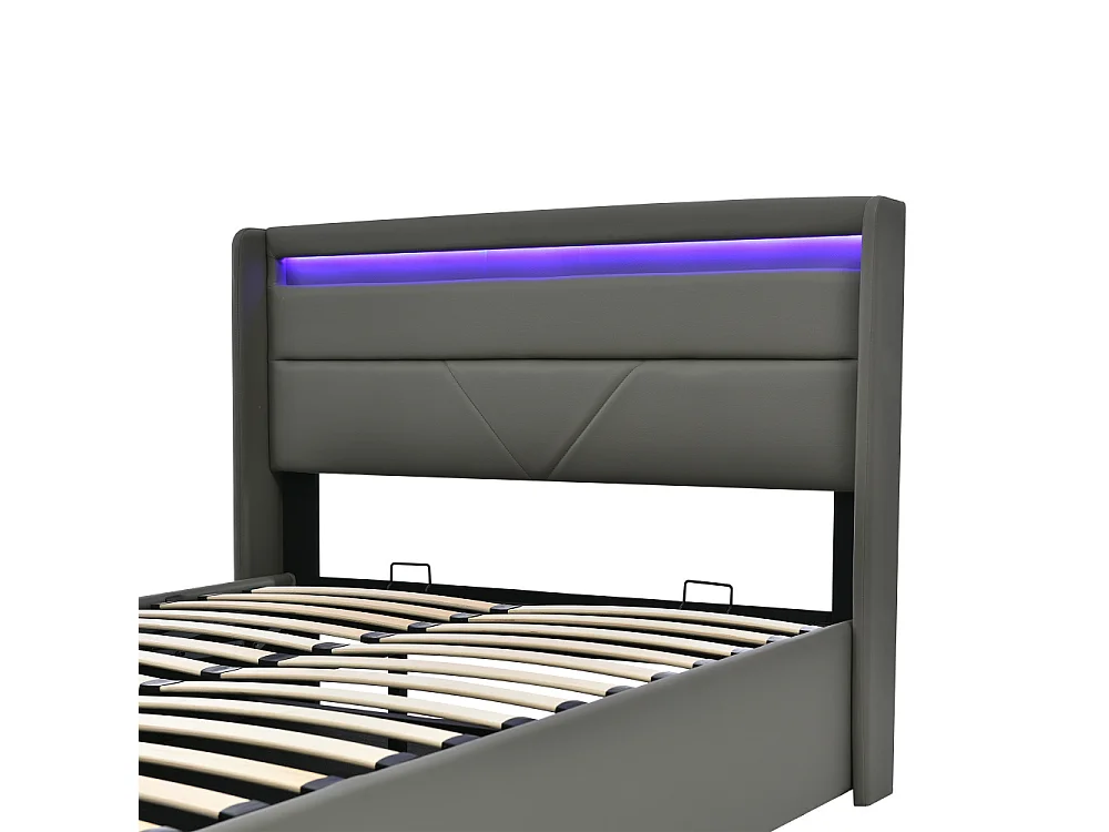 Hydraulisch LED-opbergbed, gevoerd PU-tweepersoonsbed met matras 620 veren, functionele bedopbergruimte 660LBS