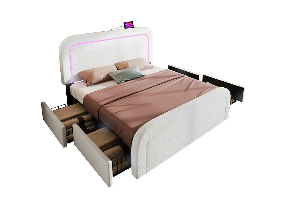 Bettgestell 140x200 USB-C LED cama tapizada Sherpa blanca 4 cajones altura regulable somier de madera