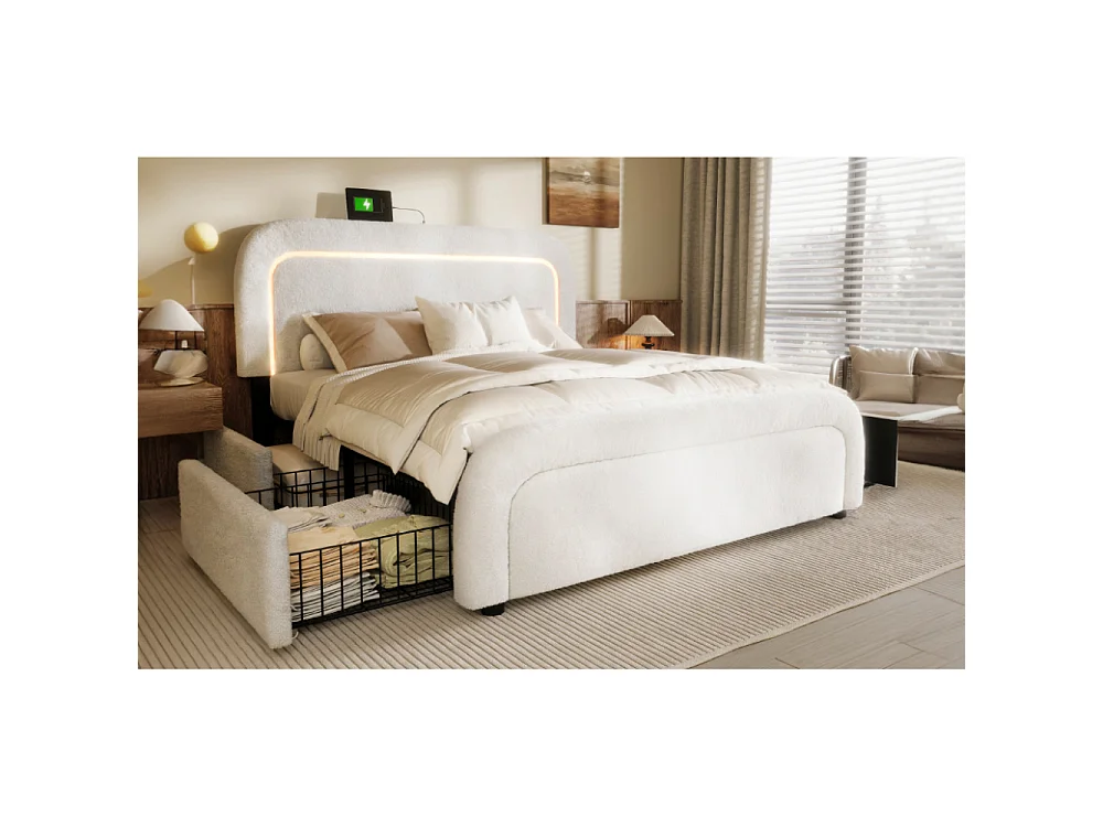 Bettgestell 140x200 USB-C LED cama tapizada Sherpa blanca 4 cajones altura regulable somier de madera
