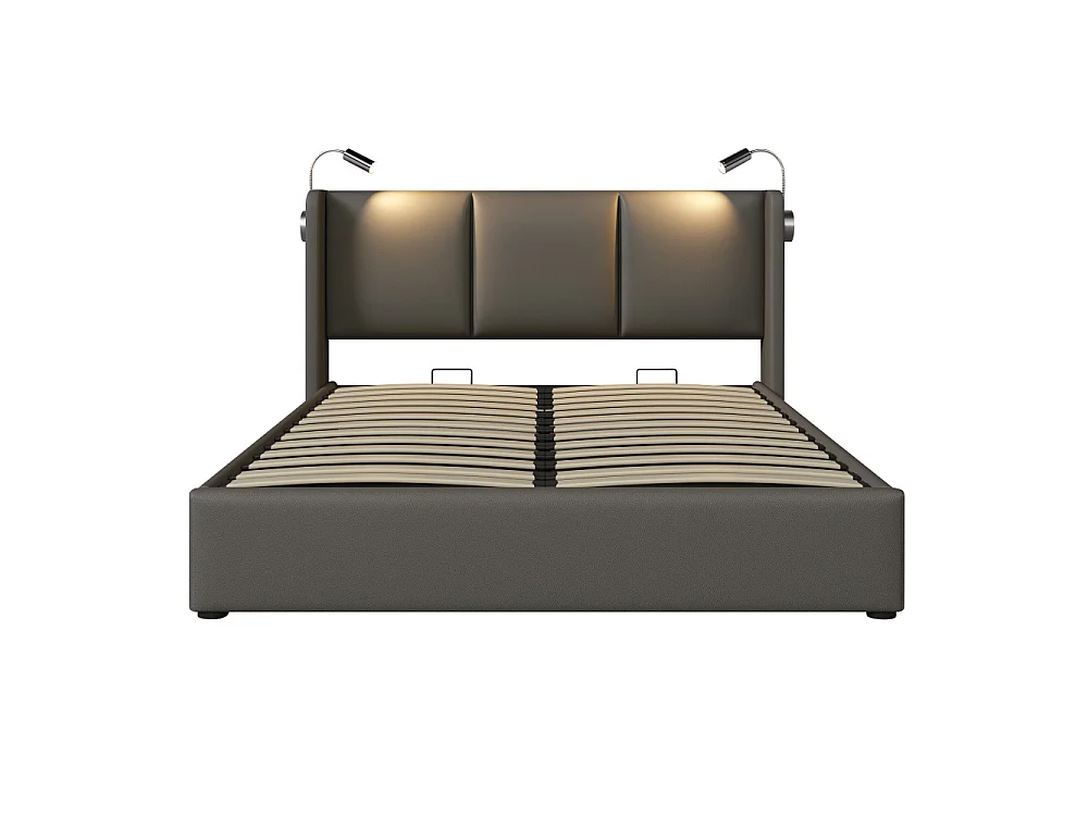 Letto matrimoniale imbottito PU con materasso 620 molle, contenitore idraulico, LED e USB integrato, robusto 660 lbs