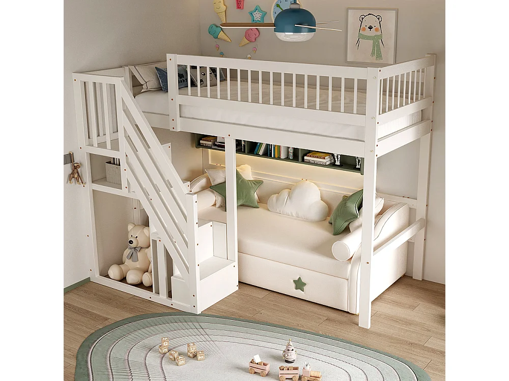 Lit en bois massif 90×200 pour enfant avec escalier de rangement intégré – lit gain de place chambre moderne