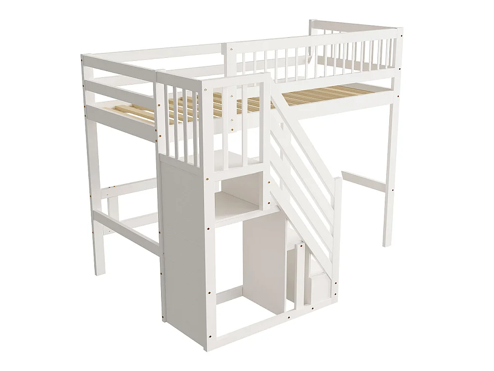 Lit en bois massif 90×200 pour enfant avec escalier de rangement intégré – lit gain de place chambre moderne
