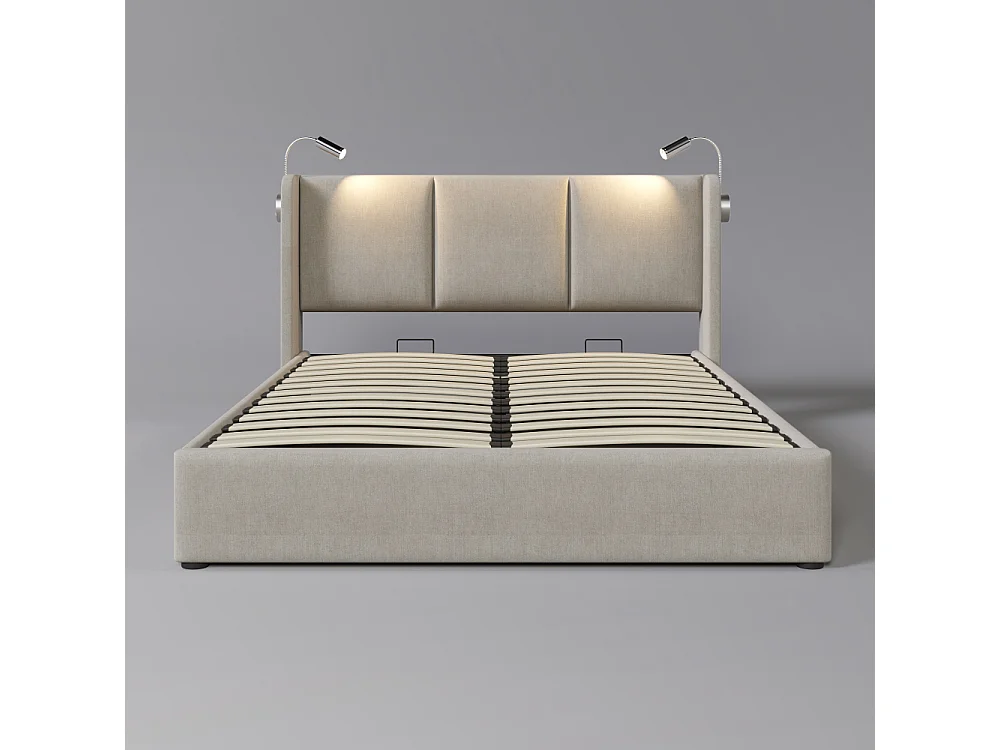 Cama doble con baúl de almacenaje en lino, cabecero LED, carga USB y robusta estructura de hierro