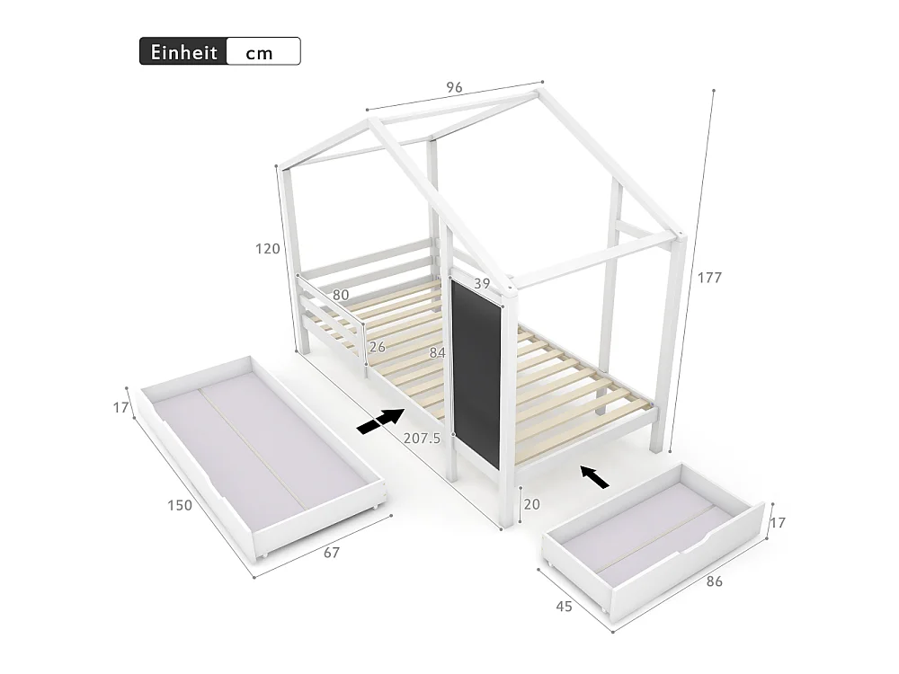 Letto cabana bambino 90×200 in legno massello con lavagna, contenitori integrati e design casa creativo