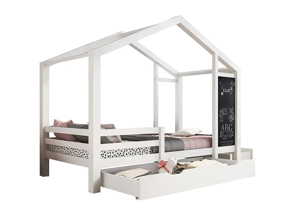 Letto cabana bambino 90×200 in legno massello con lavagna, contenitori integrati e design casa creativo
