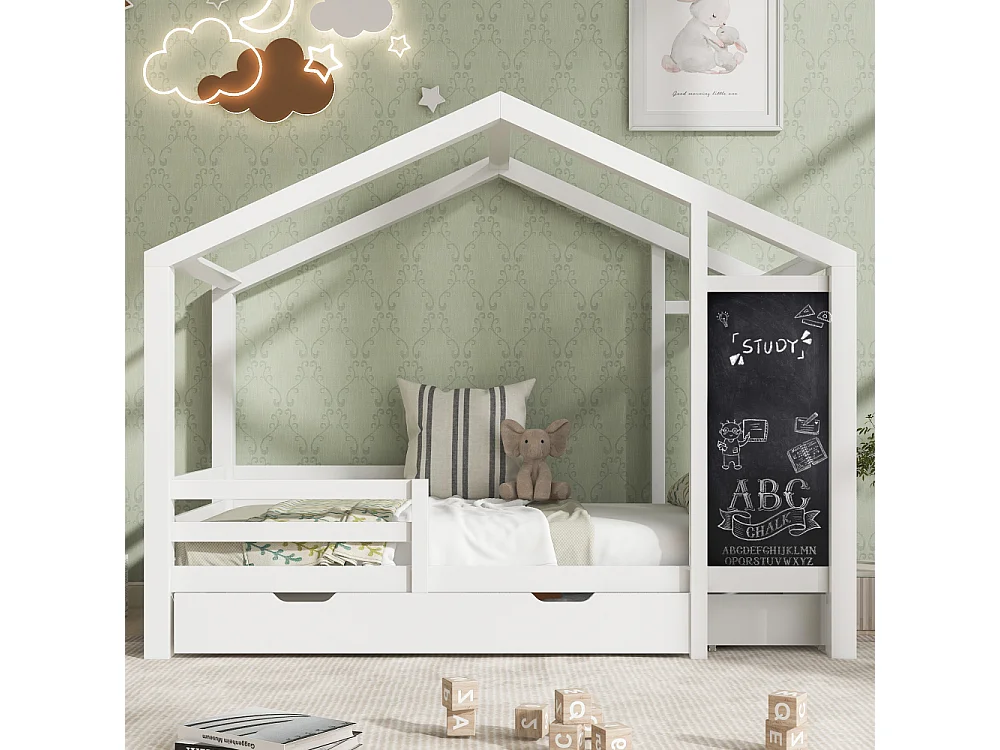 Letto cabana bambino 90×200 in legno massello con lavagna, contenitori integrati e design casa creativo