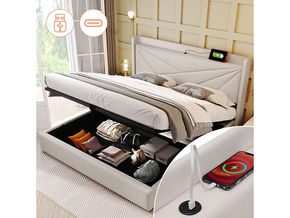 Lit Double 160x200 cm avec Coffre de Rangement, USB Type-C et Tête de Lit Géométrique en Tissu Lin Moderne