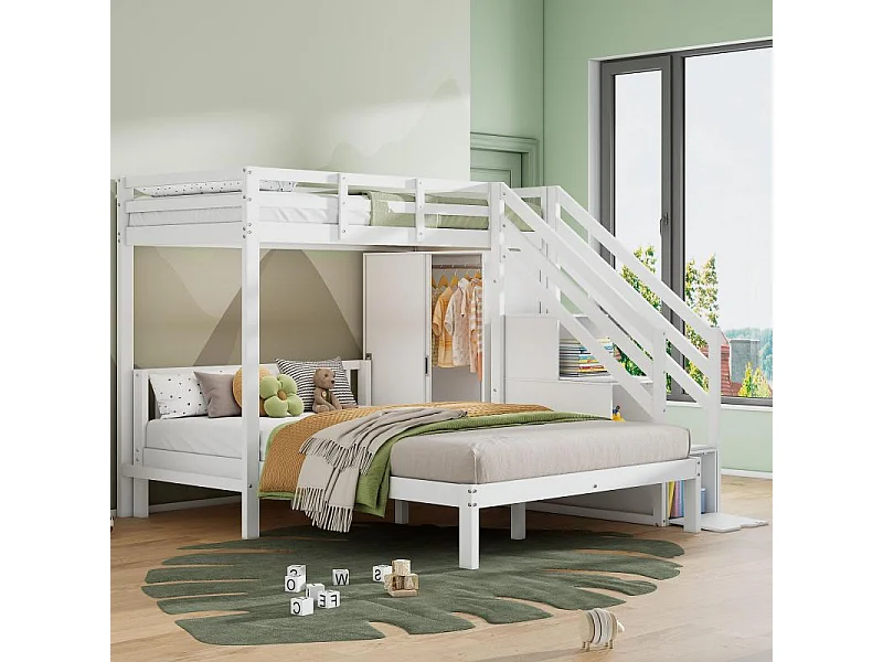 Litera infantil 90×200 + 140×200 cm con perchero, escalera de almacenaje, madera maciza MDF blanca