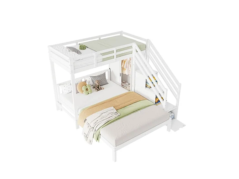 Litera infantil 90×200 + 140×200 cm con perchero, escalera de almacenaje, madera maciza MDF blanca