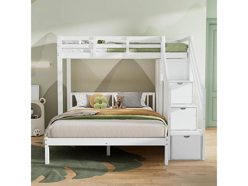 Litera infantil 90×200 + 140×200 cm con perchero, escalera de almacenaje, madera maciza MDF blanca