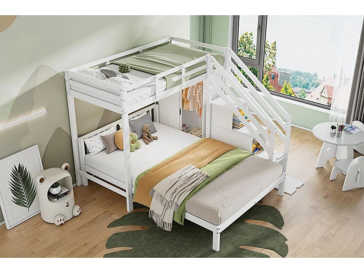 Litera infantil 90×200 + 140×200 cm con perchero, escalera de almacenaje, madera maciza MDF blanca