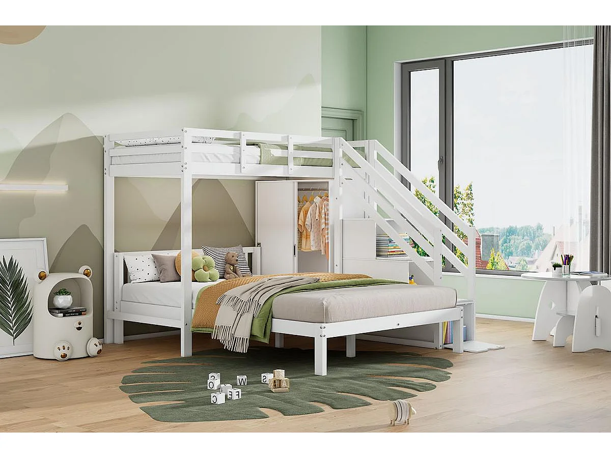 Litera infantil 90×200 + 140×200 cm con perchero, escalera de almacenaje, madera maciza MDF blanca