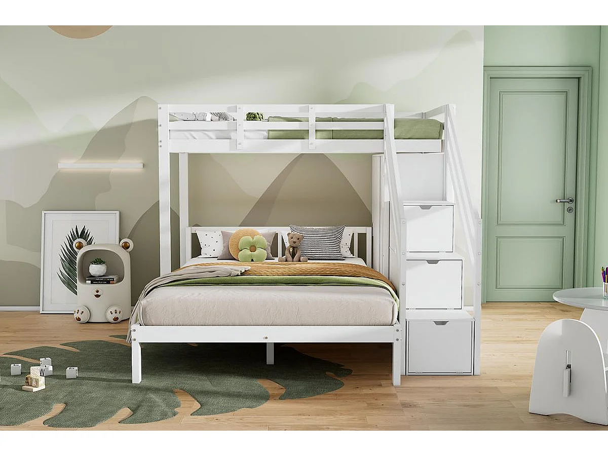 Litera infantil 90×200 + 140×200 cm con perchero, escalera de almacenaje, madera maciza MDF blanca