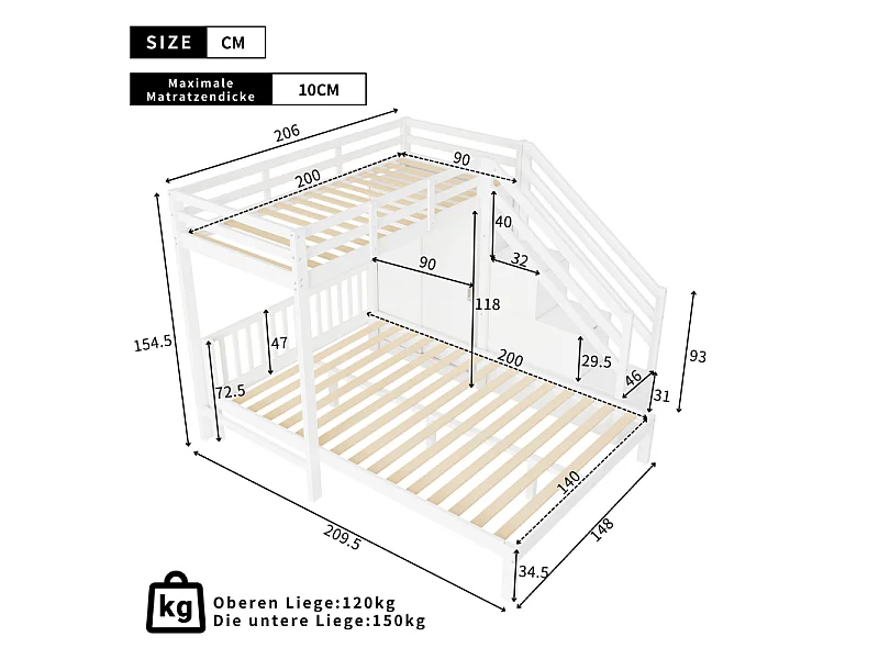 Litera infantil 90×200 + 140×200 cm con perchero, escalera de almacenaje, madera maciza MDF blanca