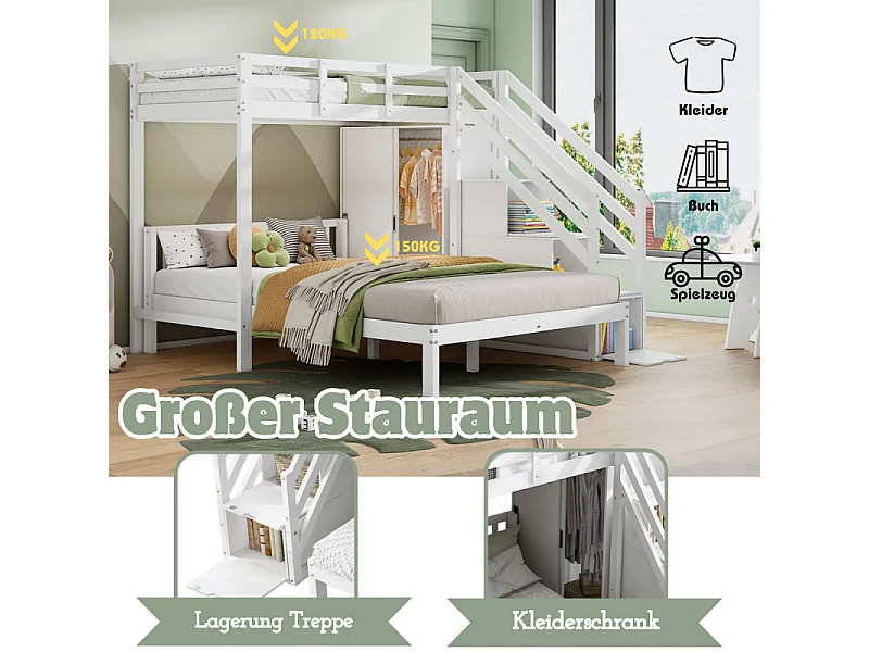 Litera infantil 90×200 + 140×200 cm con perchero, escalera de almacenaje, madera maciza MDF blanca