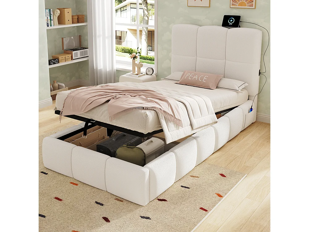 Letto imbottito, letto singolo, letto per bambini 90x200 cm letto idraulico bouclé beige USB con vano in testata 94