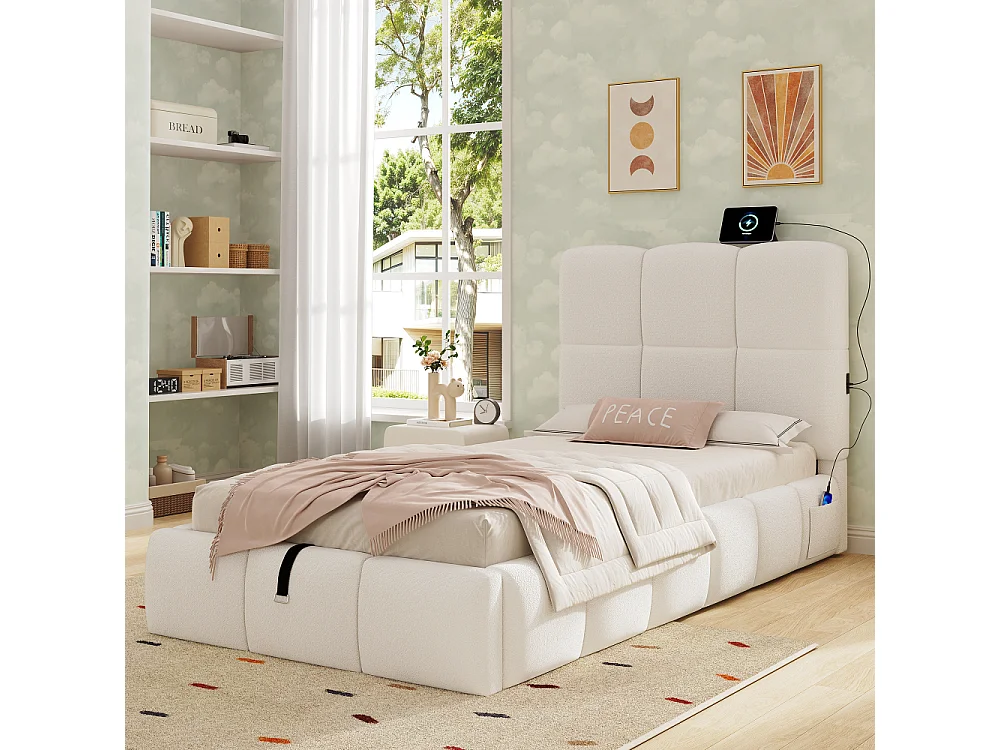 Letto imbottito, letto singolo, letto per bambini 90x200 cm letto idraulico bouclé beige USB con vano in testata 94