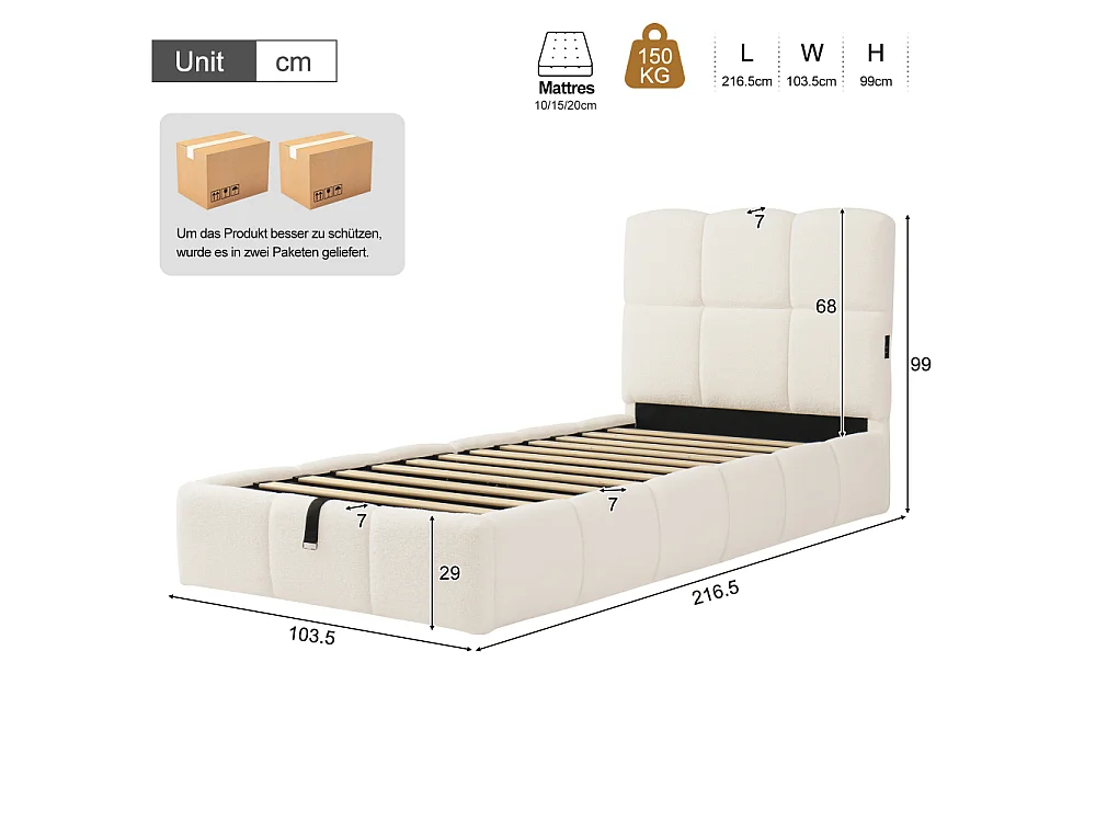Letto imbottito, letto singolo, letto per bambini 90x200 cm letto idraulico bouclé beige USB con vano in testata 94