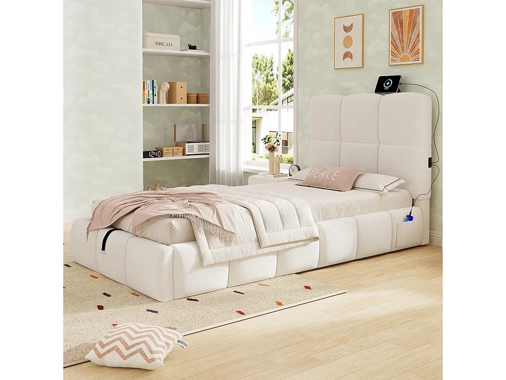 Letto imbottito, letto singolo, letto per bambini 90x200 cm letto idraulico bouclé beige USB con vano in testata 94