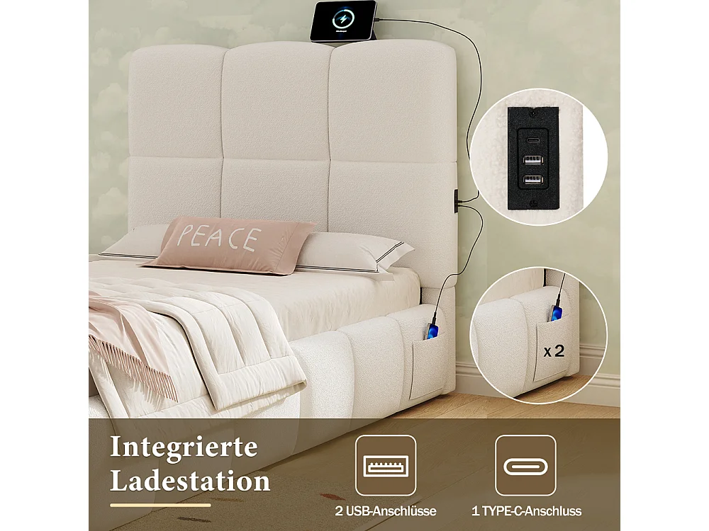 Letto imbottito, letto singolo, letto per bambini 90x200 cm letto idraulico bouclé beige USB con vano in testata 94