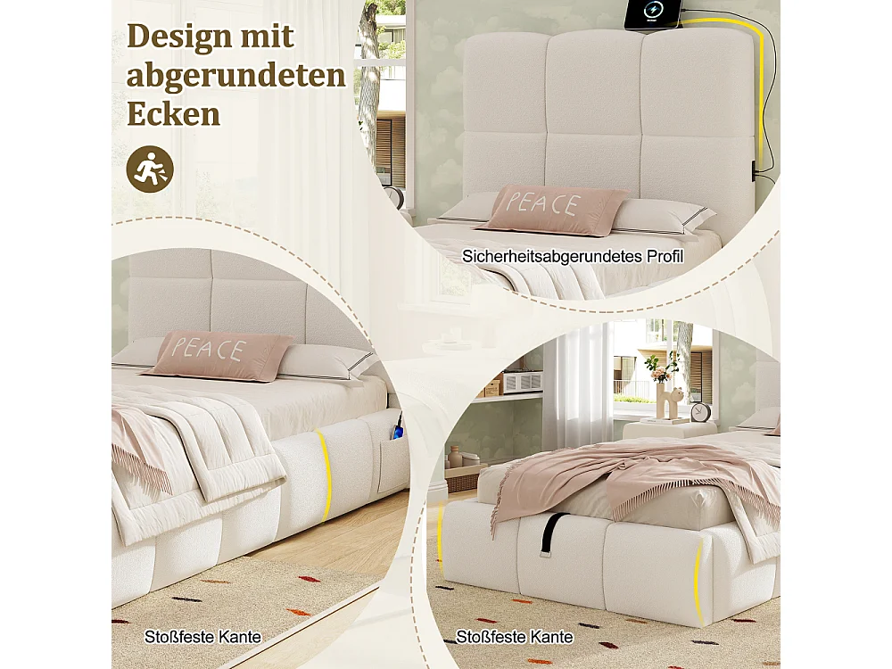 Letto imbottito, letto singolo, letto per bambini 90x200 cm letto idraulico bouclé beige USB con vano in testata 94