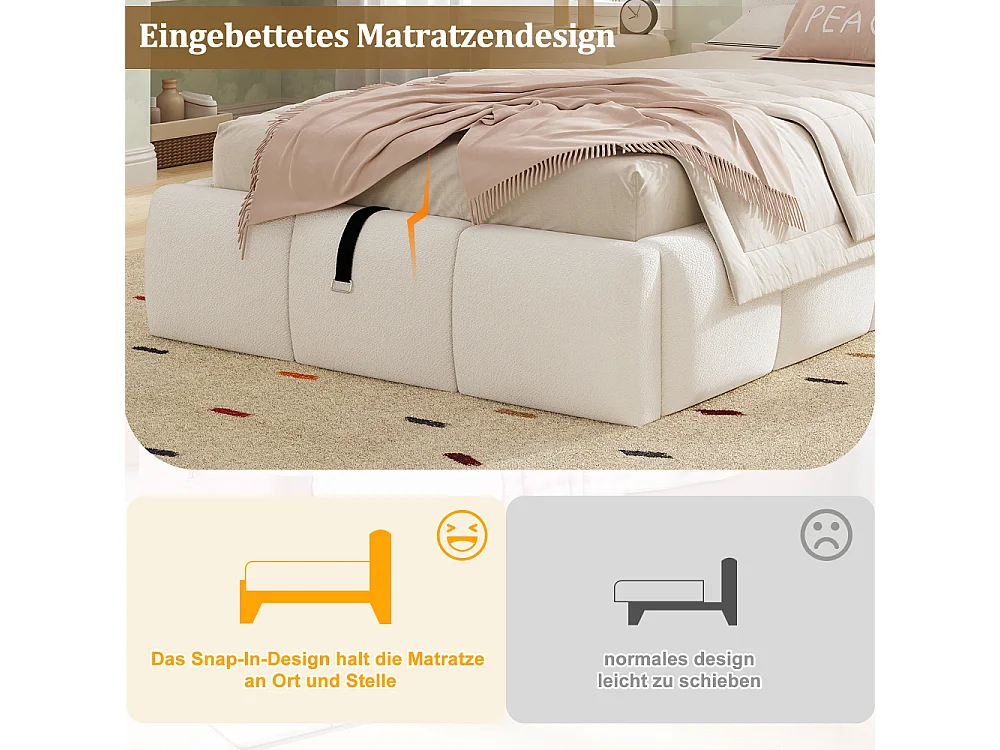 Letto imbottito, letto singolo, letto per bambini 90x200 cm letto idraulico bouclé beige USB con vano in testata 94