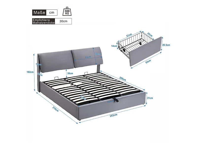 Letto rivestito in velluto grigio 160x200 con sollevamento idraulico, 3 cassetti, rete a doghe, testata regolabile, contenitore integrato