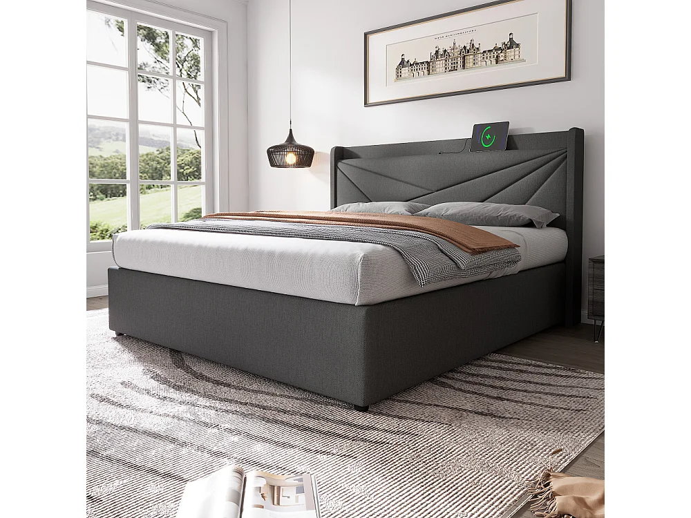 Lit Double 180x200 cm avec Coffre de Rangement, USB Type-C, Tissu Lin et Tête de Lit Géométrique Moderne