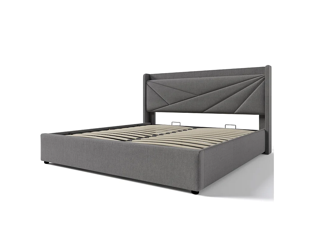 Lit Double 180x200 cm avec Coffre de Rangement, USB Type-C, Tissu Lin et Tête de Lit Géométrique Moderne
