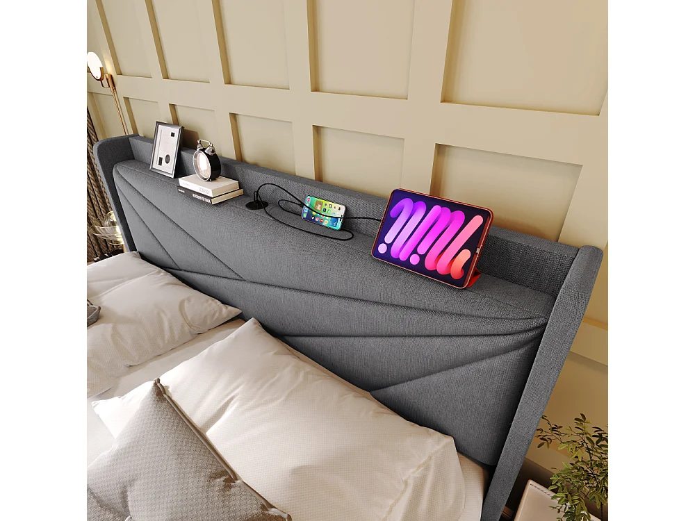Lit Double 180x200 cm avec Coffre de Rangement, USB Type-C, Tissu Lin et Tête de Lit Géométrique Moderne