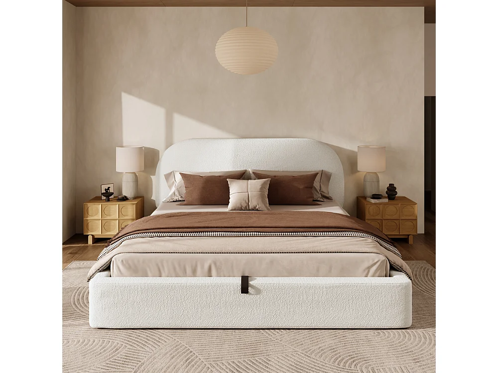 Lit double 180×200 cm en bouclé beige avec rangement hydraulique, tête de lit rembourrée, sommier à lattes