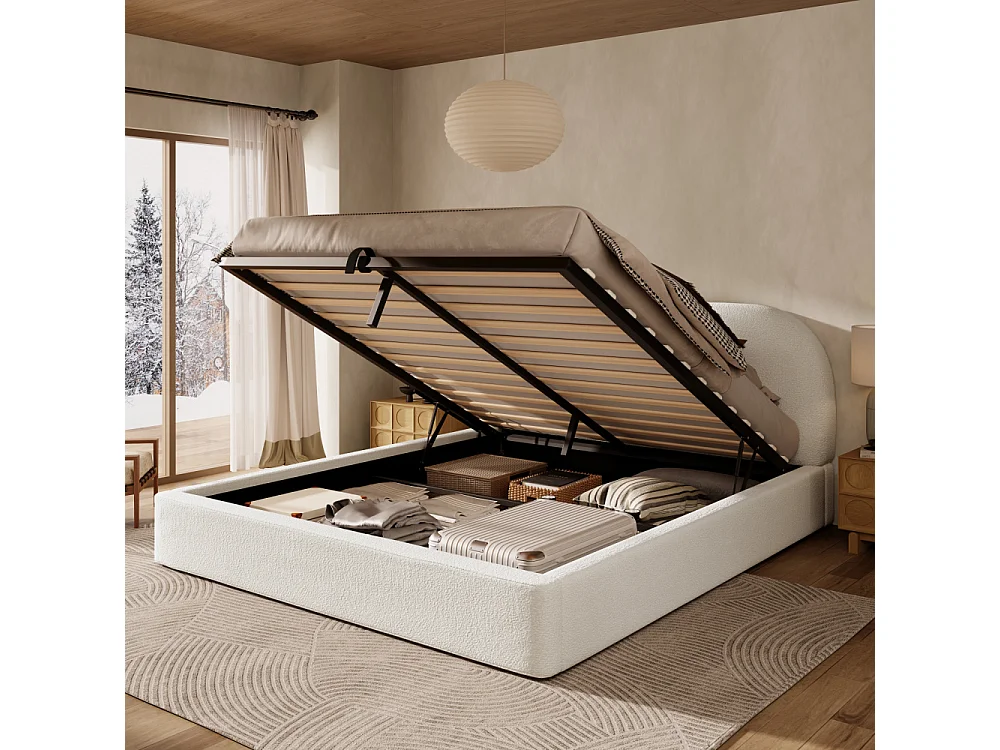 Lit double 180×200 cm en bouclé beige avec rangement hydraulique, tête de lit rembourrée, sommier à lattes