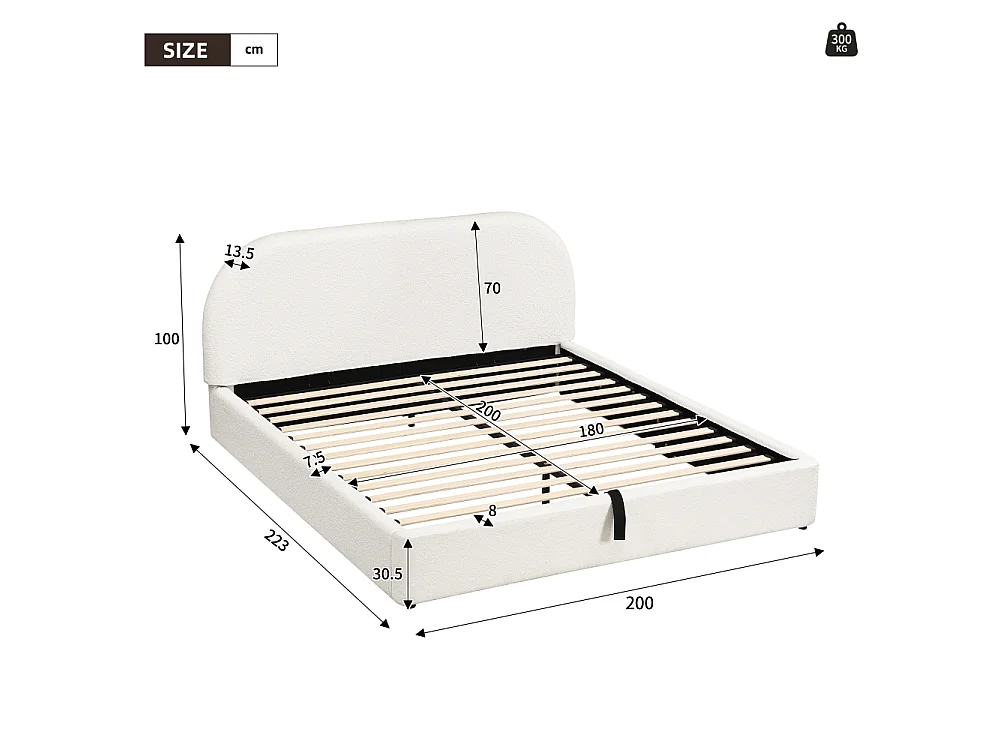 Lit double 180×200 cm en bouclé beige avec rangement hydraulique, tête de lit rembourrée, sommier à lattes