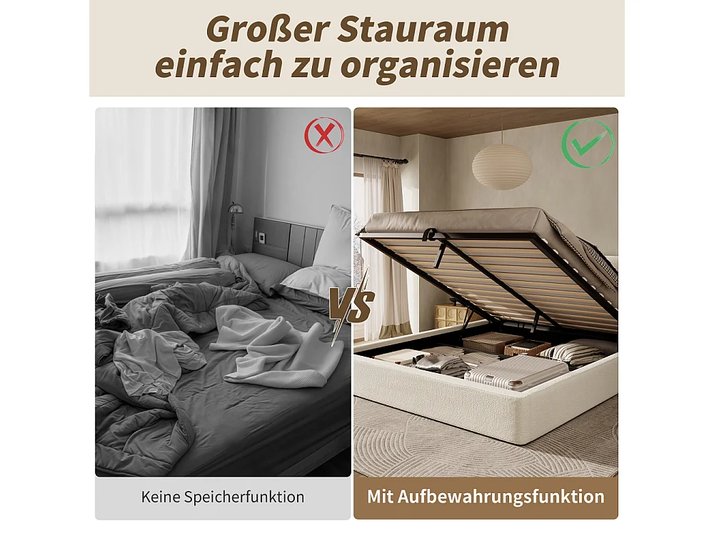 Lit double 180×200 cm en bouclé beige avec rangement hydraulique, tête de lit rembourrée, sommier à lattes
