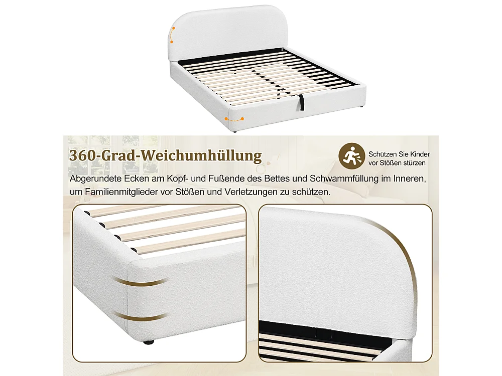 Lit double 180×200 cm en bouclé beige avec rangement hydraulique, tête de lit rembourrée, sommier à lattes