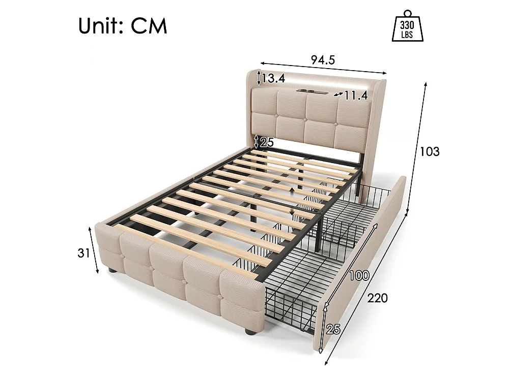 Eenpersoonsbed 90x200 cm Beige met matras 406 Veren, USB, LED en opbergruimte – Modern Comfort